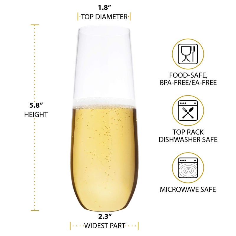 Bravario Plastic Champagne Flutes, Heavy Duty Unbreakable Stemless Tritan Glasses, BPA-free, Reusable, 8.5 oz, Set of 8 - Image 3